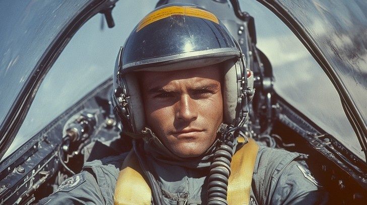 Stridspilot i hjälm och sele sitter i cockpit under flygning