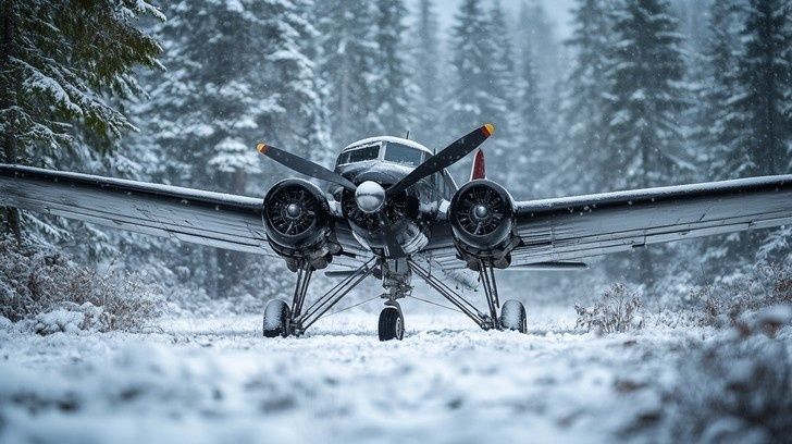 Tvåmotorigt propellerflygplan på en snötäckt skogsbana