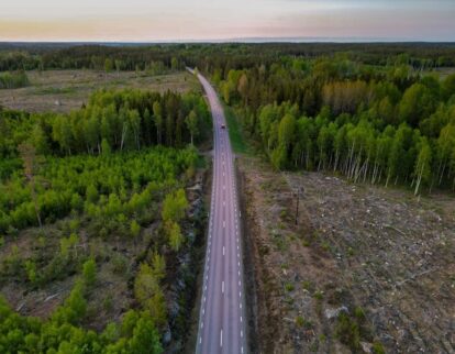 Rak väg genom tät skog och kalhyggen, sedd från luften